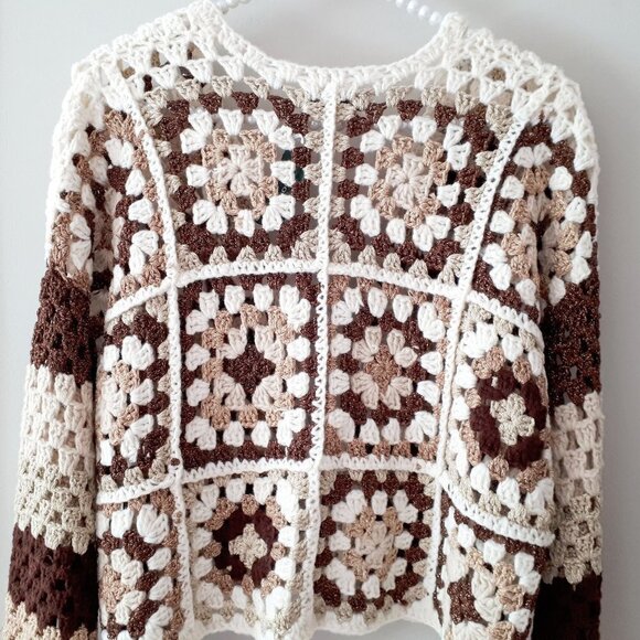 NWT Misskoo brown, cream, gold metallic fibre shimmer accent crochet cardigan - Picture 12 of 12